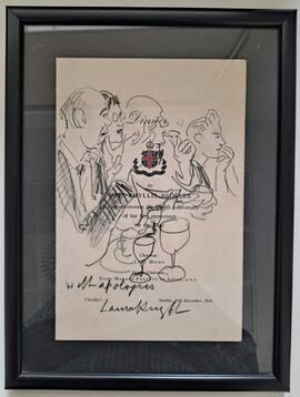 Menu card for 'Dinner to Miss Bedells', with original drawing and note of apology from Laura Knight